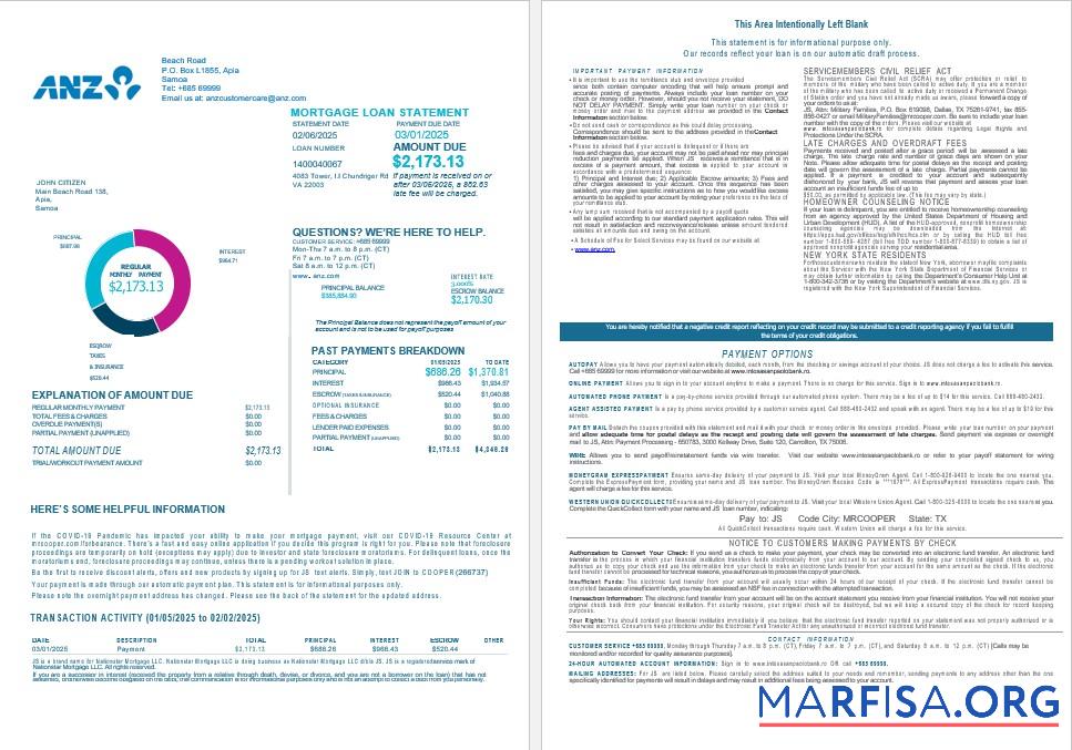 Downloadable Samoa ANZ bank bank mortgage statement in Word and PDF formats 1 2 sample
